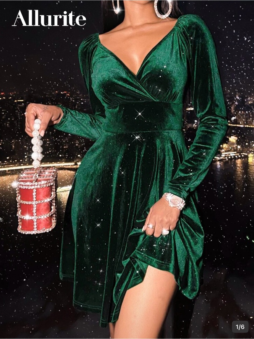 SHEIN Dark Green Velvet Long Sleeve Wrap Dress
